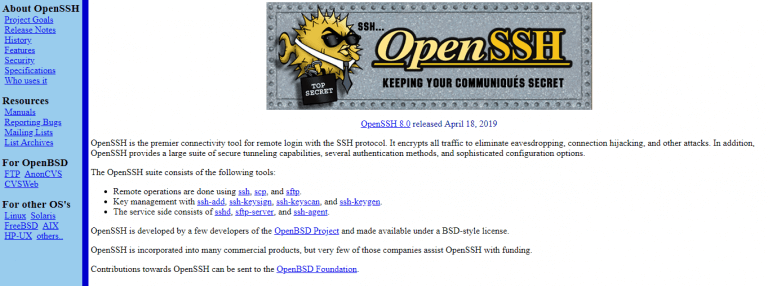 OpenSSH web page